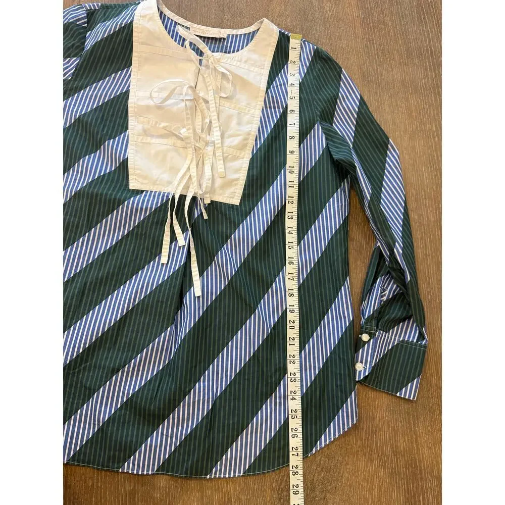 TORY BURCH Overprinted Tie-Front Top in Diagonal Stripe size 10 Blue Green